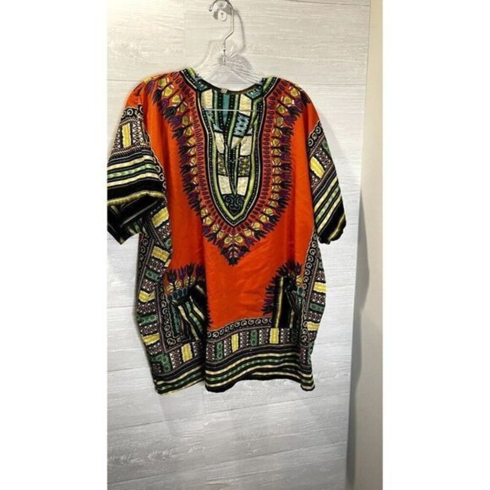 True Rock Women's Orange African Dashiki Dress Shirt/V neck Tunic Top - Picture 3 of 11